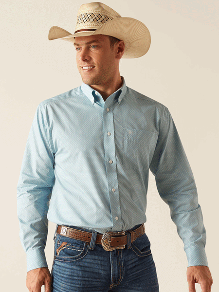 Ariat 10051507 Mens Wrinkle Free Ian Classic Shirt Porcelain Blue front view. If you need any assistance with this item or the purchase of this item please call us at five six one seven four eight eight eight zero one Monday through Saturday 10:00a.m EST to 8:00 p.m EST
