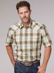 Roper 03-002-0278-4054 Mens Short Sleeve Western Plaid Shirt Orange front view. If you need any assistance with this item or the purchase of this item please call us at five six one seven four eight eight eight zero one Monday through Saturday 10:00a.m EST to 8:00 p.m EST