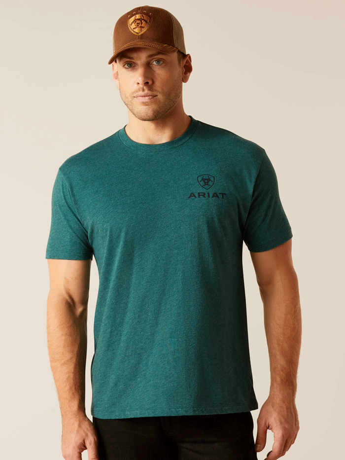 Ariat 10051455 Mens Abilene Shield T-Shirt Dark Teal Heather back view. If you need any assistance with this item or the purchase of this item please call us at five six one seven four eight eight eight zero one Monday through Saturday 10:00a.m EST to 8:00 p.m EST