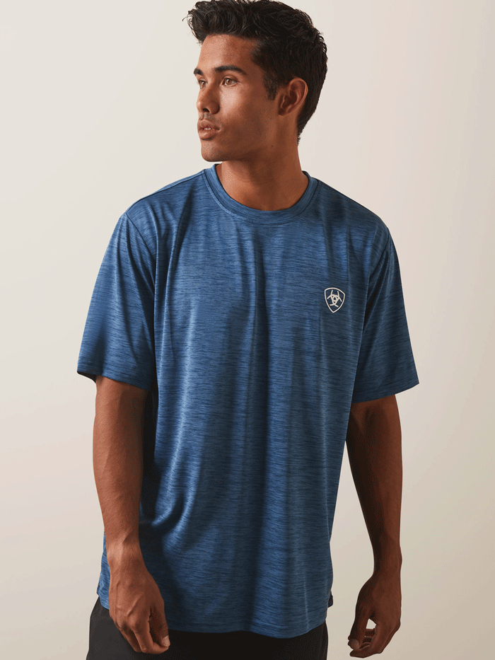 Ariat 10043769 Mens Charger Stamp T-Shirt Sky Fall Blue back view. If you need any assistance with this item or the purchase of this item please call us at five six one seven four eight eight eight zero one Monday through Saturday 10:00a.m EST to 8:00 p.m EST