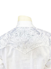 Rockmount 6859-WHT Men's Vintage Tooling Embroidered Western Shirt White back close up. If you need any assistance with this item or the purchase of this item please call us at five six one seven four eight eight eight zero one Monday through Saturday 10:00a.m EST to 8:00 p.m EST