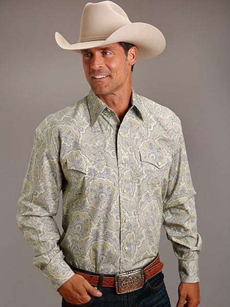 Stetson 11-001-0425-4009 Mens Paisley Western Long Sleeve Shirt Light Blue front view. If you need any assistance with this item or the purchase of this item please call us at five six one seven four eight eight eight zero one Monday through Saturday 10:00a.m EST to 8:00 p.m EST