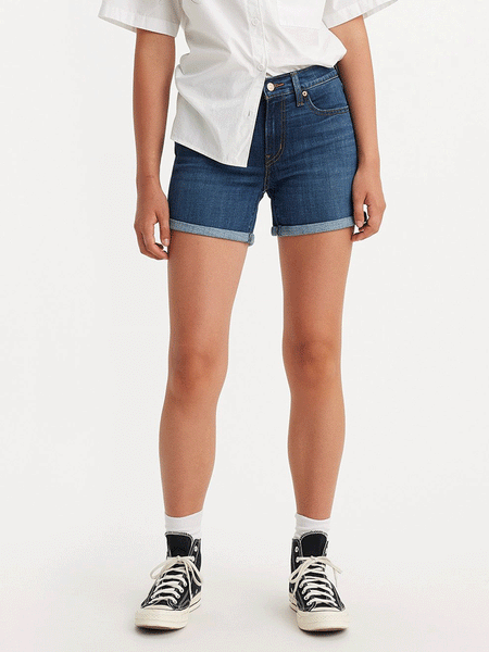 Levi's 299650122 Womens Mid Length Denim Shorts Stop The Confusion Dark Wash front view. If you need any assistance with this item or the purchase of this item please call us at five six one seven four eight eight eight zero one Monday through Saturday 10:00a.m EST to 8:00 p.m EST