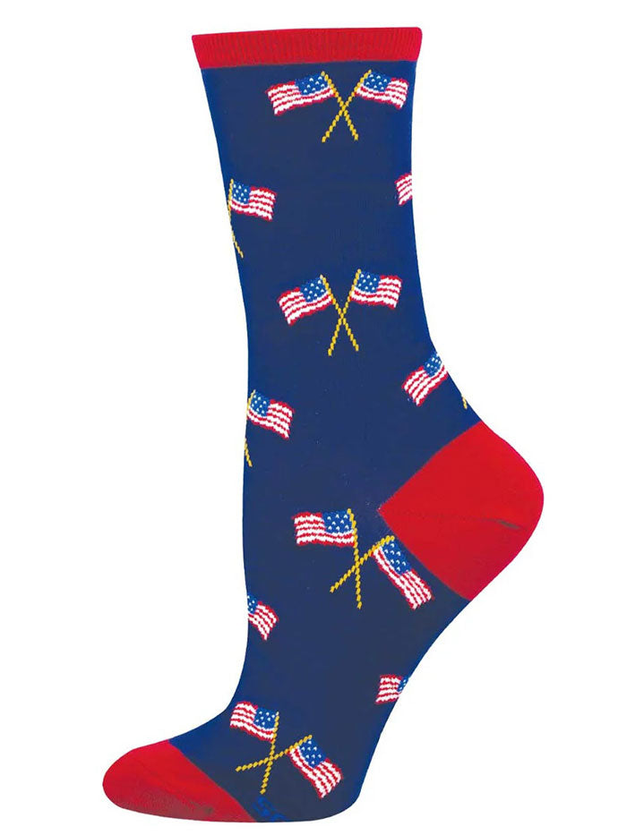 Socksmith WNC3865-NAV Womens Patriotic Flags Socks Navy side view. If you need any assistance with this item or the purchase of this item please call us at five six one seven four eight eight eight zero one Monday through Saturday 10:00a.m EST to 8:00 p.m EST