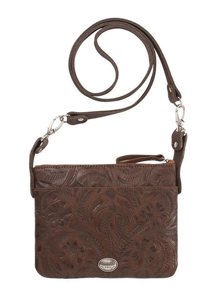 American West 9385884 Ladies Frontier Cross Trail Rider Crossbody Leather Bag Bark back view. If you need any assistance with this item or the purchase of this item please call us at five six one seven four eight eight eight zero one Monday through Saturday 10:00a.m EST to 8:00 p.m EST