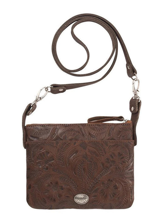 American West 9385884 Ladies Frontier Cross Trail Rider Crossbody Leather Bag Bark back view. If you need any assistance with this item or the purchase of this item please call us at five six one seven four eight eight eight zero one Monday through Saturday 10:00a.m EST to 8:00 p.m EST