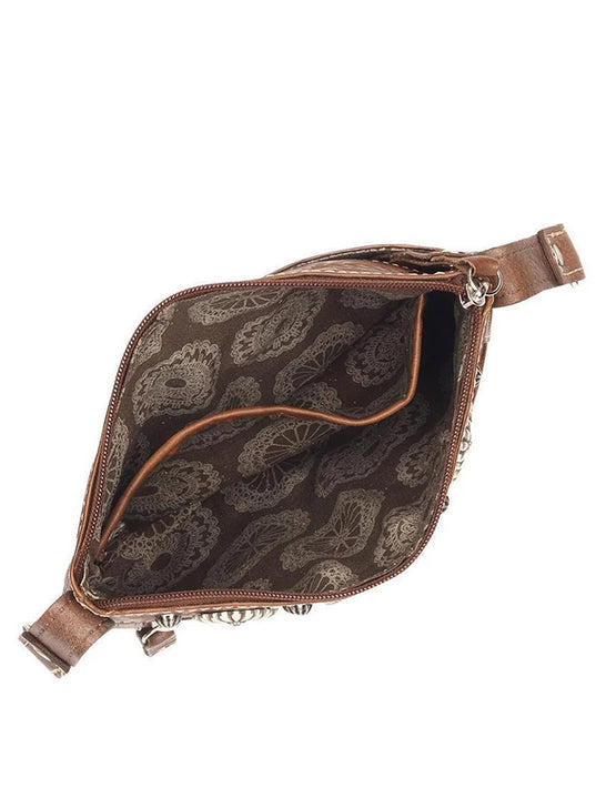 American West 9385884 Ladies Frontier Cross Trail Rider Crossbody Leather Bag Bark inside view. If you need any assistance with this item or the purchase of this item please call us at five six one seven four eight eight eight zero one Monday through Saturday 10:00a.m EST to 8:00 p.m EST