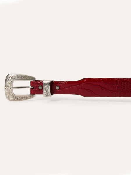 Stetson 9409790 Womens Croco Print Tapered Belt Red buckle view. If you need any assistance with this item or the purchase of this item please call us at five six one seven four eight eight eight zero one Monday through Saturday 10:00a.m EST to 8:00 p.m EST
