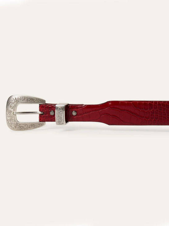 Stetson 9409790 Womens Croco Print Tapered Belt Red buckle view. If you need any assistance with this item or the purchase of this item please call us at five six one seven four eight eight eight zero one Monday through Saturday 10:00a.m EST to 8:00 p.m EST