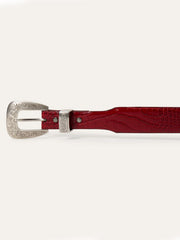 Stetson 9409790 Womens Croco Print Tapered Belt Red buckle view. If you need any assistance with this item or the purchase of this item please call us at five six one seven four eight eight eight zero one Monday through Saturday 10:00a.m EST to 8:00 p.m EST