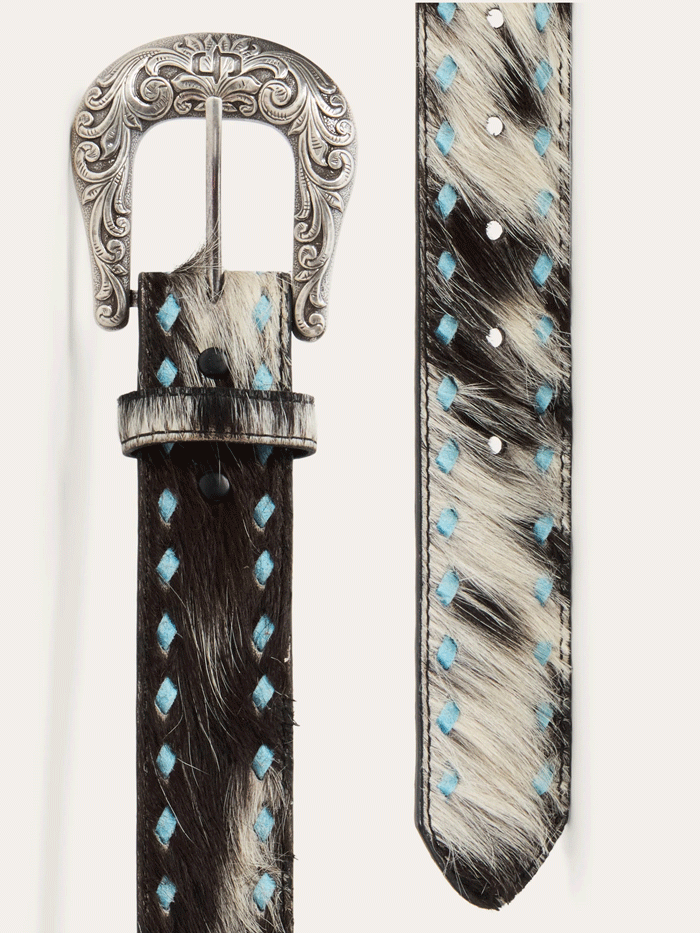 Stetson 9410790 Womens Hair-On-Hide Laced Belt Black front view.If you need any assistance with this item or the purchase of this item please call us at five six one seven four eight eight eight zero one Monday through Saturday 10:00a.m EST to 8:00 p.m EST
