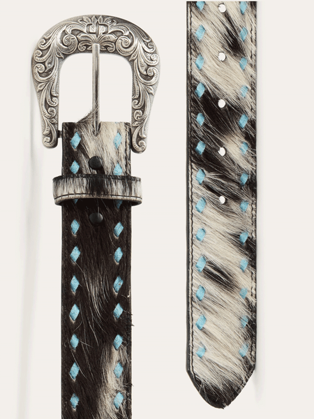 Stetson 9410790 Womens Hair-On-Hide Laced Belt Black tip and buckle view. If you need any assistance with this item or the purchase of this item please call us at five six one seven four eight eight eight zero one Monday through Saturday 10:00a.m EST to 8:00 p.m EST