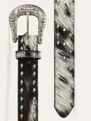 Stetson 9410790 Womens Hair-On-Hide Laced Belt Black tip and buckle view. If you need any assistance with this item or the purchase of this item please call us at five six one seven four eight eight eight zero one Monday through Saturday 10:00a.m EST to 8:00 p.m EST