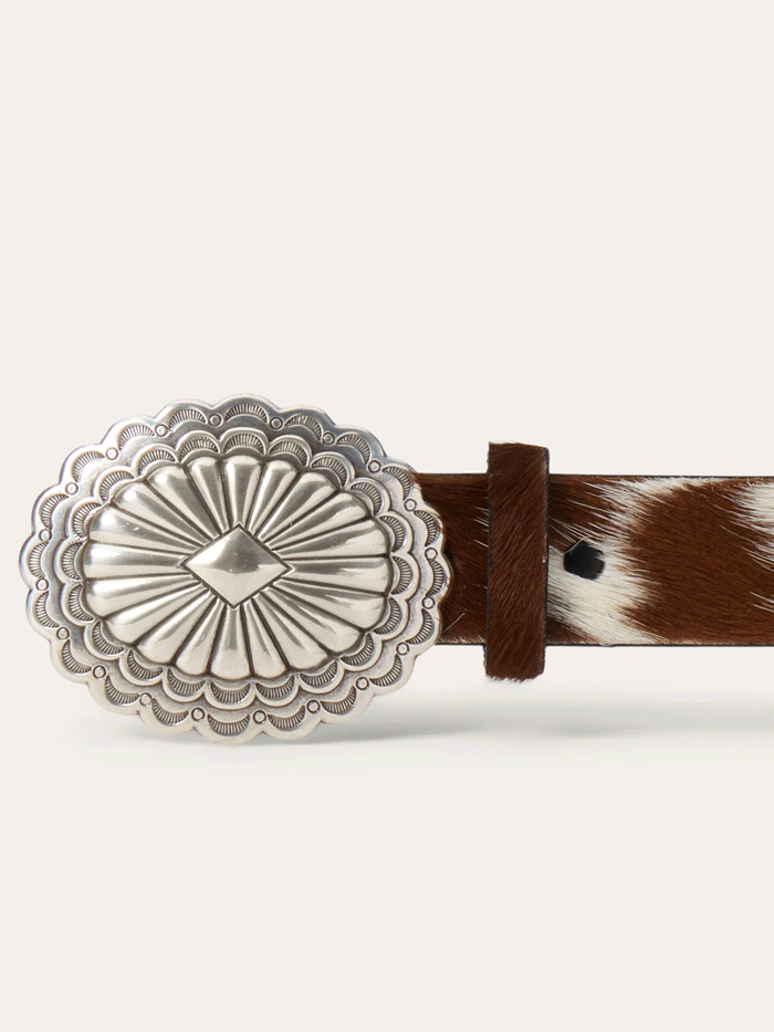 Stetson 9411790 Womens Hair-On-Hide Southwestern Buckle Belt Brown front view. If you need any assistance with this item or the purchase of this item please call us at five six one seven four eight eight eight zero one Monday through Saturday 10:00a.m EST to 8:00 p.m EST