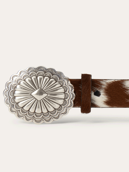 Stetson 9411790 Womens Hair-On-Hide Southwestern Buckle Belt Brown buckle close up. If you need any assistance with this item or the purchase of this item please call us at five six one seven four eight eight eight zero one Monday through Saturday 10:00a.m EST to 8:00 p.m EST