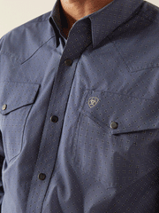 Ariat 10053938 Mens Relentless Pursuit Classic Fit Shirt Navy front close up. If you need any assistance with this item or the purchase of this item please call us at five six one seven four eight eight eight zero one Monday through Saturday 10:00a.m EST to 8:00 p.m EST