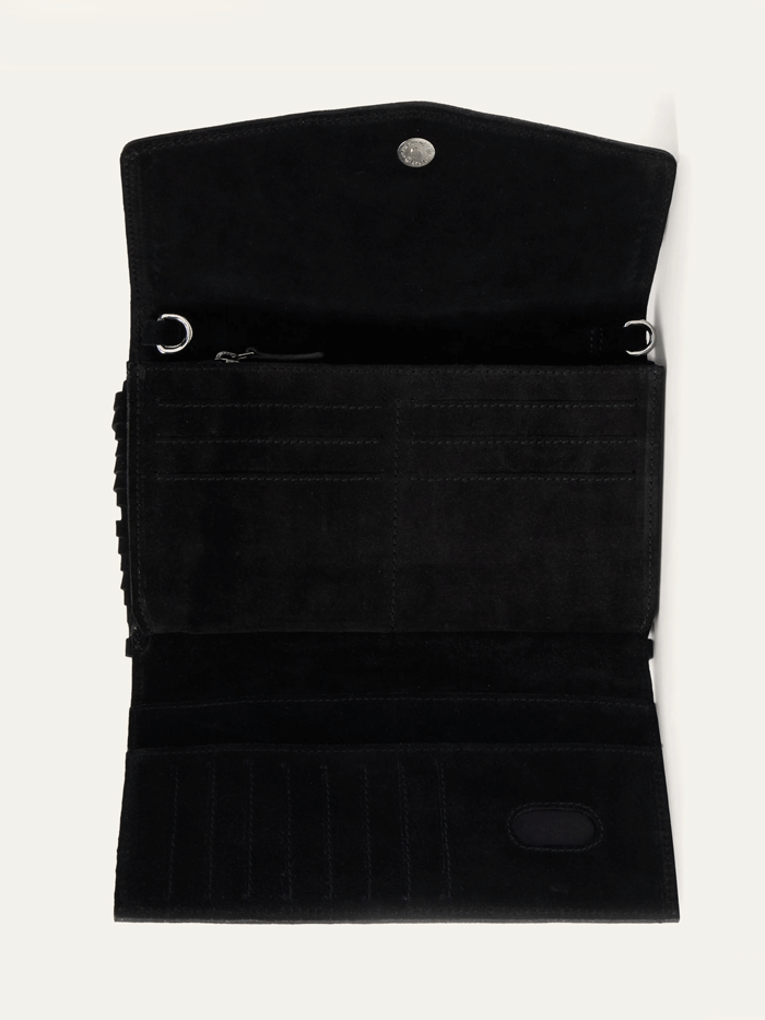Stetson 9513000-001 Womens Spiral Suede Fringed Clutch Black front view. If you need any assistance with this item or the purchase of this item please call us at five six one seven four eight eight eight zero one Monday through Saturday 10:00a.m EST to 8:00 p.m EST