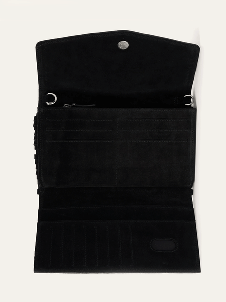 Stetson 9513000-001 Womens Spiral Suede Fringed Clutch Black inside view. If you need any assistance with this item or the purchase of this item please call us at five six one seven four eight eight eight zero one Monday through Saturday 10:00a.m EST to 8:00 p.m EST