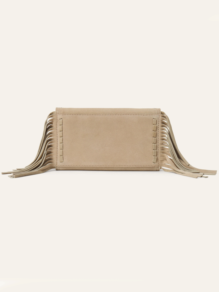 Stetson 9513000-934 Womens Spiral Suede Fringed Clutch Beige front view. If you need any assistance with this item or the purchase of this item please call us at five six one seven four eight eight eight zero one Monday through Saturday 10:00a.m EST to 8:00 p.m EST