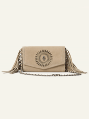 Stetson 9513000-934 Womens Spiral Suede Fringed Clutch Beige front view. If you need any assistance with this item or the purchase of this item please call us at five six one seven four eight eight eight zero one Monday through Saturday 10:00a.m EST to 8:00 p.m EST