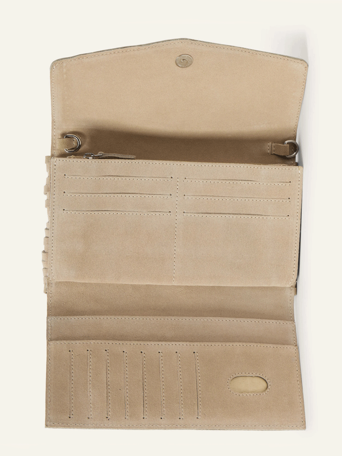 Stetson 9513000-934 Womens Spiral Suede Fringed Clutch Beige front view. If you need any assistance with this item or the purchase of this item please call us at five six one seven four eight eight eight zero one Monday through Saturday 10:00a.m EST to 8:00 p.m EST