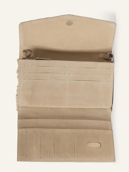 Stetson 9513000-934 Womens Spiral Suede Fringed Clutch Beige inside view. If you need any assistance with this item or the purchase of this item please call us at five six one seven four eight eight eight zero one Monday through Saturday 10:00a.m EST to 8:00 p.m EST