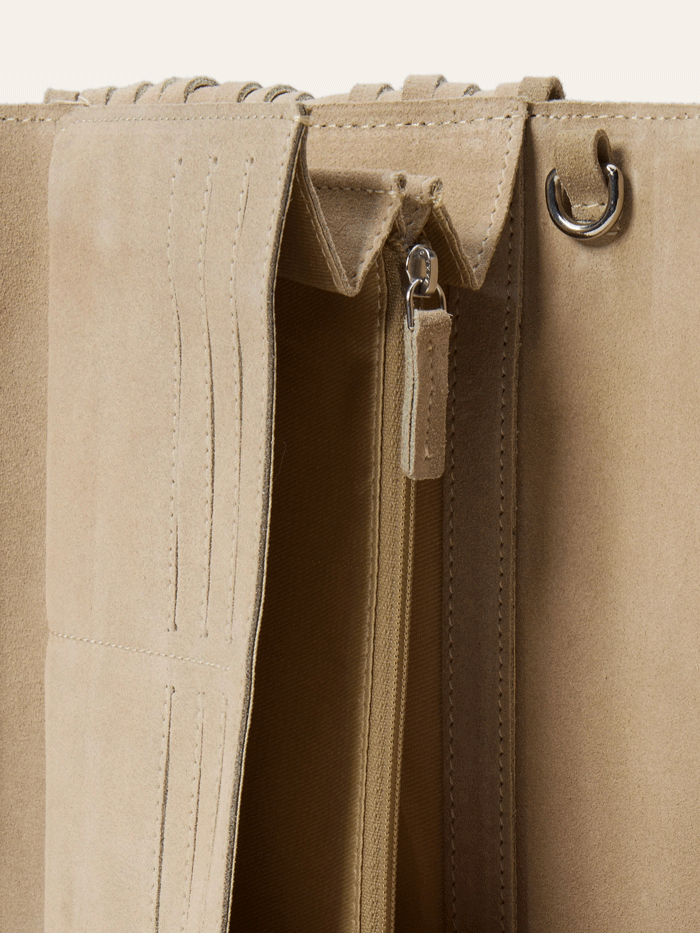 Stetson 9513000-934 Womens Spiral Suede Fringed Clutch Beige front view. If you need any assistance with this item or the purchase of this item please call us at five six one seven four eight eight eight zero one Monday through Saturday 10:00a.m EST to 8:00 p.m EST