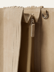 Stetson 9513000-934 Womens Spiral Suede Fringed Clutch Beige inside close up view. If you need any assistance with this item or the purchase of this item please call us at five six one seven four eight eight eight zero one Monday through Saturday 10:00a.m EST to 8:00 p.m EST