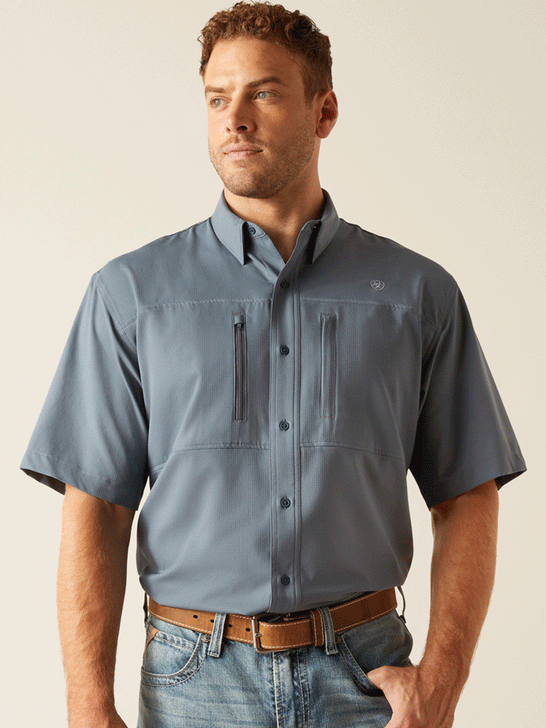 Ariat 10048844 Mens VentTEK Classic Fit Short Sleeve Shirt Newsboy Blue Grey front view. If you need any assistance with this item or the purchase of this item please call us at five six one seven four eight eight eight zero one Monday through Saturday 10:00a.m EST to 8:00 p.m EST