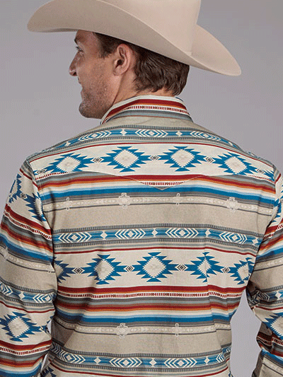 Roper 03-001-0067-0252 Mens Long Sleeve Horizontal Aztec Print Shirt Brown front view. If you need any assistance with this item or the purchase of this item please call us at five six one seven four eight eight eight zero one Monday through Saturday 10:00a.m EST to 8:00 p.m EST