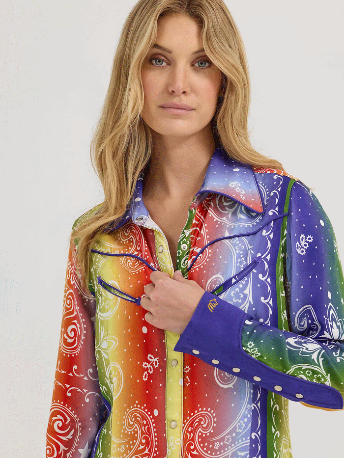 Wrangler 112360593 Womens X Lainey Wilson Rainbow Bandana Western Snap Shirt Multicolor front view. If you need any assistance with this item or the purchase of this item please call us at five six one seven four eight eight eight zero one Monday through Saturday 10:00a.m EST to 8:00 p.m EST