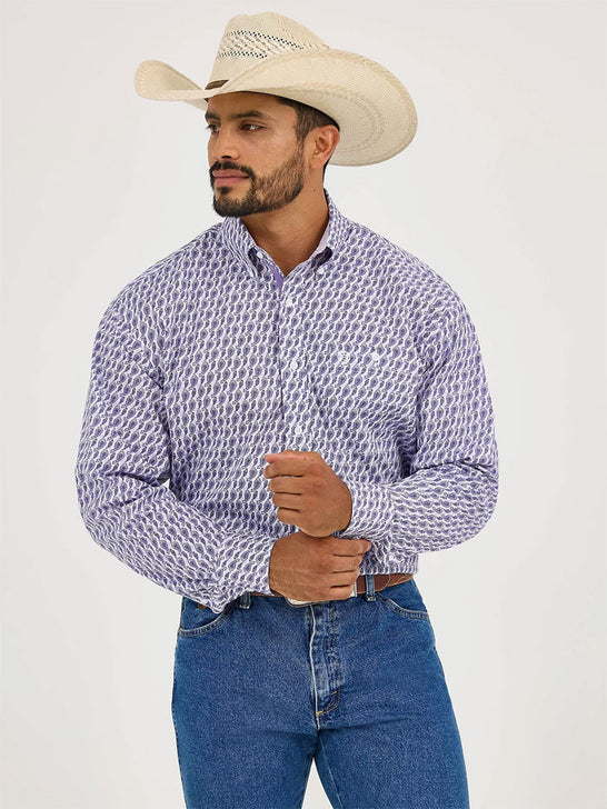 Wrangler 112365401 Mens George Strait Collection Button Down Western Shirt Purple front view. If you need any assistance with this item or the purchase of this item please call us at five six one seven four eight eight eight zero one Monday through Saturday 10:00a.m EST to 8:00 p.m EST