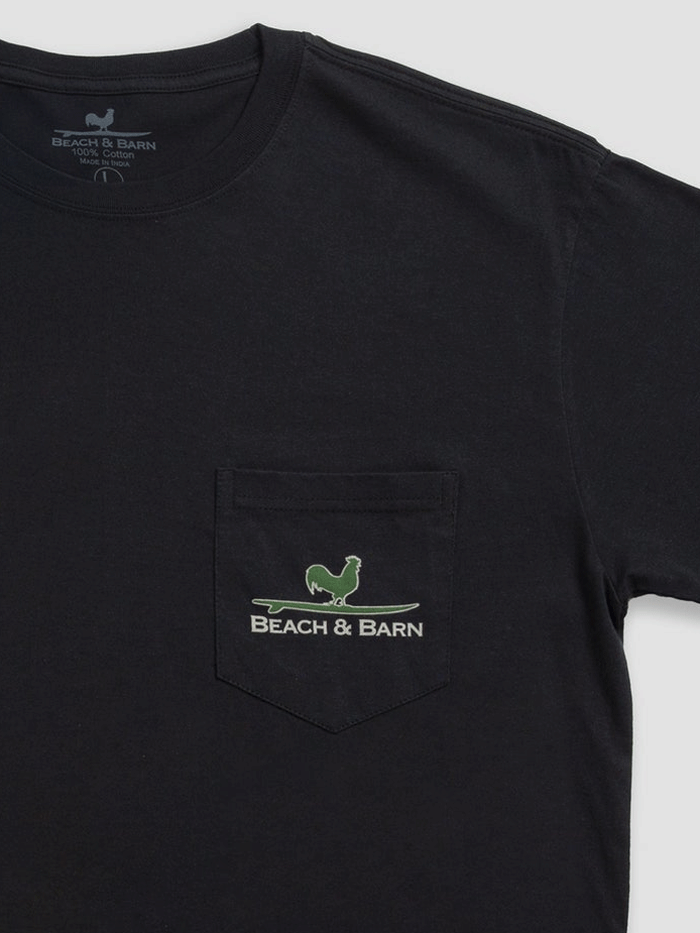 Beach & Barn CAMO SURFING ROOSTER Short Sleeve Pocket T-Shirt Black back view. If you need any assistance with this item or the purchase of this item please call us at five six one seven four eight eight eight zero one Monday through Saturday 10:00a.m EST to 8:00 p.m EST