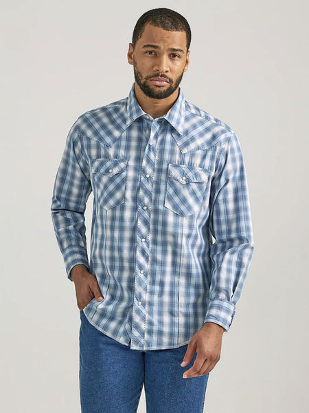 Wrangler 112337982 Mens Long Sleeve Fashion Western Snap Plaid Shirt Baby Blue Plaid front view. If you need any assistance with this item or the purchase of this item please call us at five six one seven four eight eight eight zero one Monday through Saturday 10:00a.m EST to 8:00 p.m EST