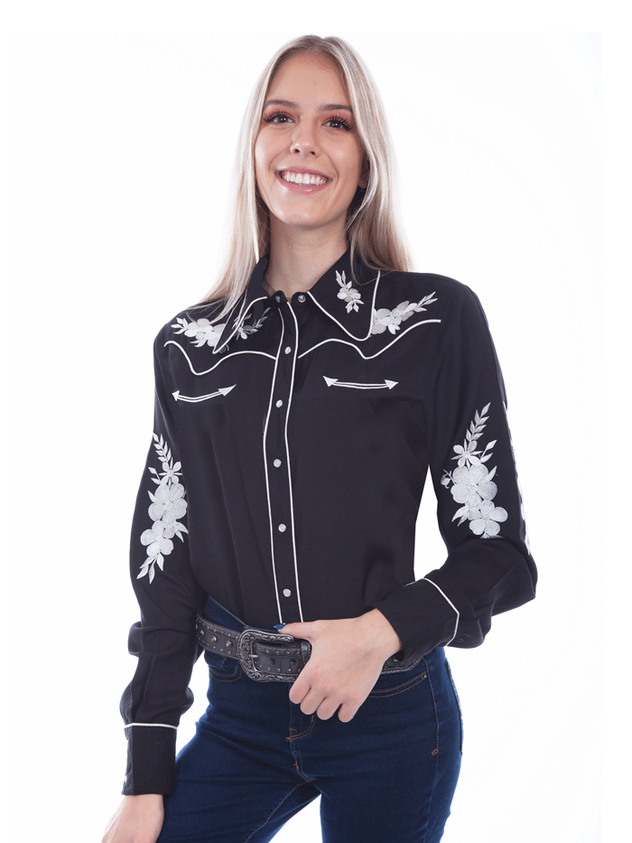 Scully PL-897-BLK Womens Floral Embroidered Lightweight Blouse Black front view. If you need any assistance with this item or the purchase of this item please call us at five six one seven four eight eight eight zero one Monday through Saturday 10:00a.m EST to 8:00 p.m EST