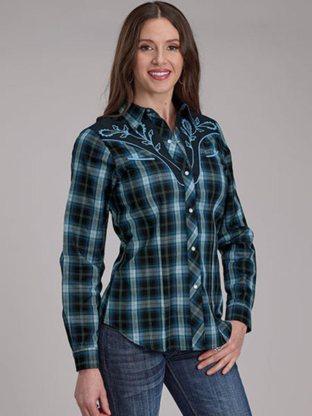 Roper 01-050-0024-1070 Womens Fancy Applique Western Plaid Shirt Blue front view. If you need any assistance with this item or the purchase of this item please call us at five six one seven four eight eight eight zero one Monday through Saturday 10:00a.m EST to 8:00 p.m EST