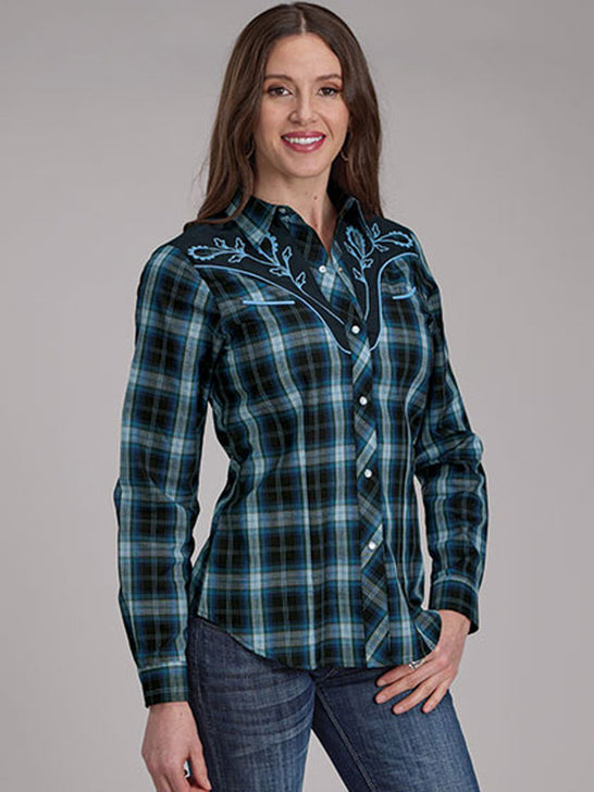 Roper 01-050-0024-1070 Womens Fancy Applique Western Plaid Shirt Blue front view. If you need any assistance with this item or the purchase of this item please call us at five six one seven four eight eight eight zero one Monday through Saturday 10:00a.m EST to 8:00 p.m EST