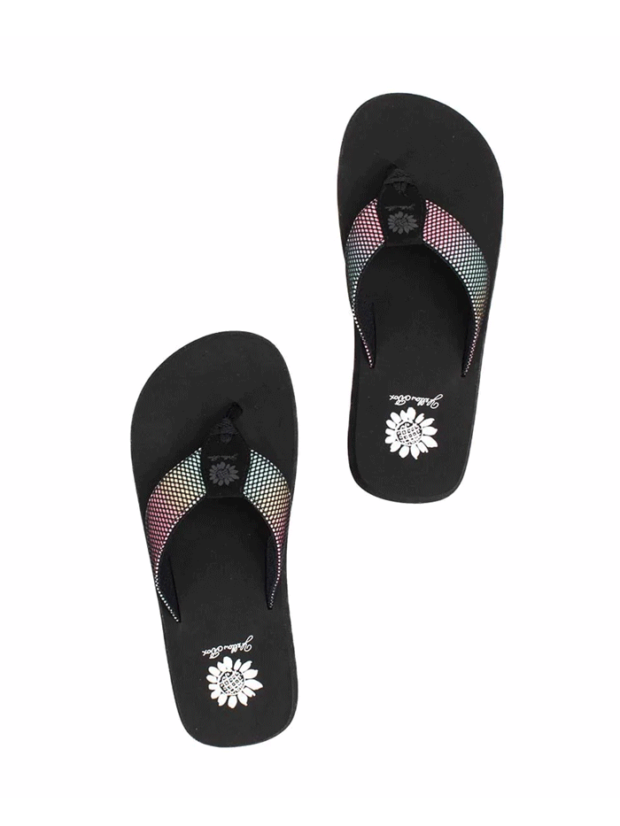 Yellow Box 52564 Womens Foliage Flip Flop Sandals Black Multi side and front view. If you need any assistance with this item or the purchase of this item please call us at five six one seven four eight eight eight zero one Monday through Saturday 10:00a.m EST to 8:00 p.m EST