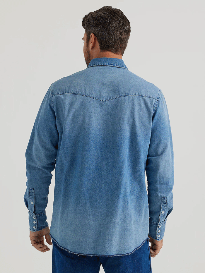 Wrangler 112345068 Mens Vintage-Inspired Western Snap Workshirt Medium Blue front view. If you need any assistance with this item or the purchase of this item please call us at five six one seven four eight eight eight zero one Monday through Saturday 10:00a.m EST to 8:00 p.m EST