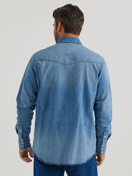 Wrangler 112345068 Mens Vintage-Inspired Western Snap Workshirt Medium Blue back view. If you need any assistance with this item or the purchase of this item please call us at five six one seven four eight eight eight zero one Monday through Saturday 10:00a.m EST to 8:00 p.m EST