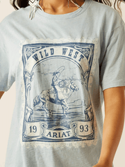 Ariat 10055128 Womens Wild West Stamp T-Shirt Bleached Blue front close up view. If you need any assistance with this item or the purchase of this item please call us at five six one seven four eight eight eight zero one Monday through Saturday 10:00a.m EST to 8:00 p.m EST