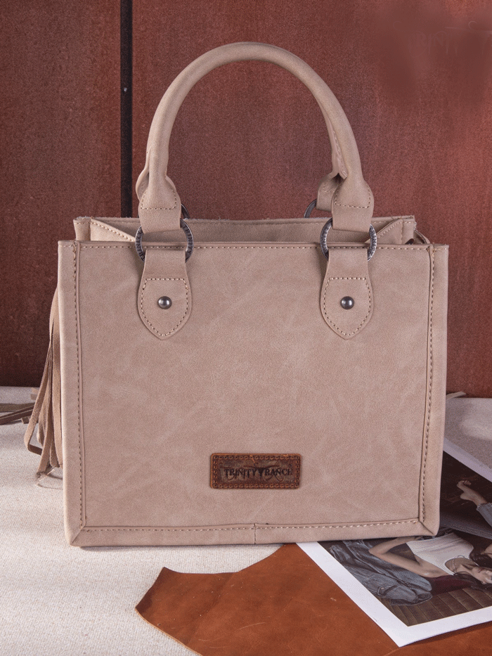 Trinity Ranch TR146-8120KH Womens Hair On Cowhide Tote Crossbody Bag Khaki Tan front view. If you need any assistance with this item or the purchase of this item please call us at five six one seven four eight eight eight zero one Monday through Saturday 10:00a.m EST to 8:00 p.m EST

