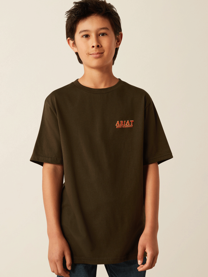 Ariat 10054801 Kids Armadillo on a Half Shell T-Shirt Dark Olive back view. If you need any assistance with this item or the purchase of this item please call us at five six one seven four eight eight eight zero one Monday through Saturday 10:00a.m EST to 8:00 p.m EST