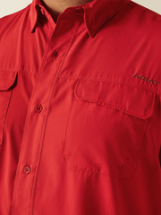 Ariat 10058787 Mens VentTEK Outbound Classic Fit Shirt Haute Red front close up. If you need any assistance with this item or the purchase of this item please call us at five six one seven four eight eight eight zero one Monday through Saturday 10:00a.m EST to 8:00 p.m EST
