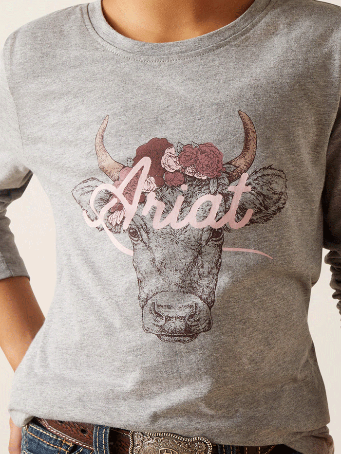 Ariat 10047411 Kids Fawna Long Sleeve T-Shirt Heather Grey front view. If you need any assistance with this item or the purchase of this item please call us at five six one seven four eight eight eight zero one Monday through Saturday 10:00a.m EST to 8:00 p.m EST