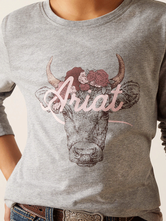 Ariat 10047411 Kids Fawna Long Sleeve T-Shirt Heather Grey close up of graphic on front. If you need any assistance with this item or the purchase of this item please call us at five six one seven four eight eight eight zero one Monday through Saturday 10:00a.m EST to 8:00 p.m EST