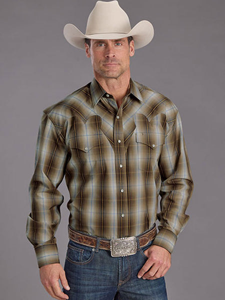 Stetson 11-001-0478-1030 Mens Sand Dobby Plaid Long Sleeve Shirt Dark Khaki Brown front view. If you need any assistance with this item or the purchase of this item please call us at five six one seven four eight eight eight zero one Monday through Saturday 10:00a.m EST to 8:00 p.m EST