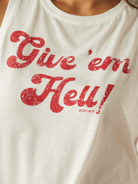 Ariat 10059030 Womens Give Em Hell Tank Coconut Milk front graphic close up. If you need any assistance with this item or the purchase of this item please call us at five six one seven four eight eight eight zero one Monday through Saturday 10:00a.m EST to 8:00 p.m EST