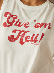 Ariat 10059030 Womens Give Em Hell Tank Coconut Milk front graphic close up. If you need any assistance with this item or the purchase of this item please call us at five six one seven four eight eight eight zero one Monday through Saturday 10:00a.m EST to 8:00 p.m EST