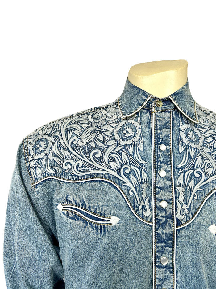 Rockmount 6859-DBLU Men's Vintage Tooling Embroidered Western Shirt Denim Blue front view. If you need any assistance with this item or the purchase of this item please call us at five six one seven four eight eight eight zero one Monday through Saturday 10:00a.m EST to 8:00 p.m EST